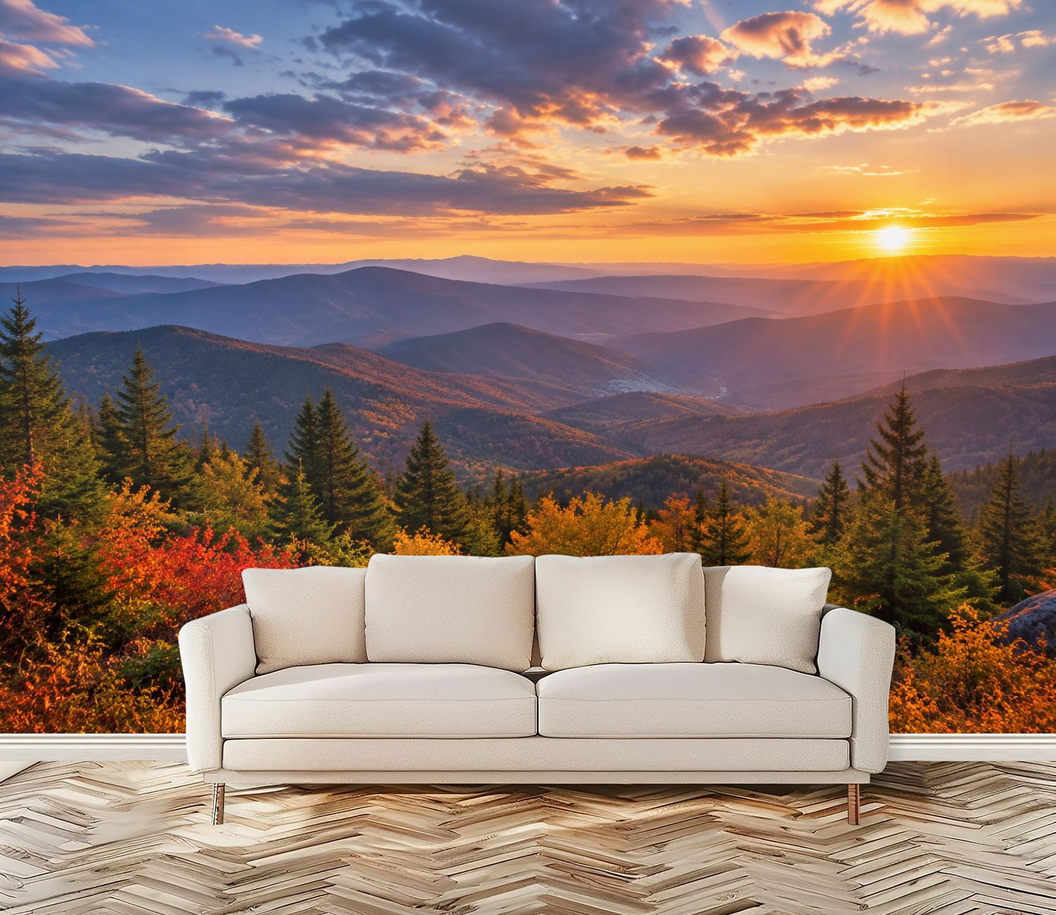 Fall Vinyl Peel and Stick Wall Mural Mountain Forest Landscape Hills Golden Autumn ...