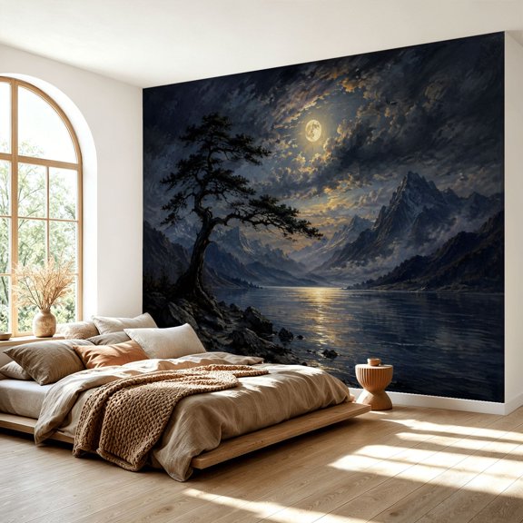 Peel and Stick Wall Mural Mountain Lake Halloween Large Self Adhesive Wallpaper Vinyl Accent Removable Modern Wall Decor for Bedroom Living Room 69" x 96"