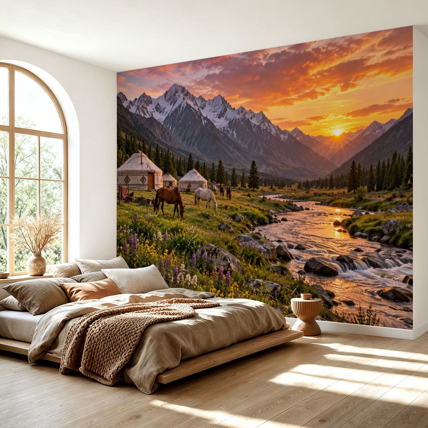Peel and Stick Wall Mural Mountain Valley Landscape Snowy Peaks River ...