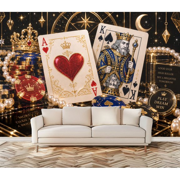 Peel and Stick Wall Mural Royal Playing Cards Casino Gambling Chips Black Self-Adhesive Vinyl Wallpaper Removable Accent Wall Decor for Bedroom Living Room 100" x 144"