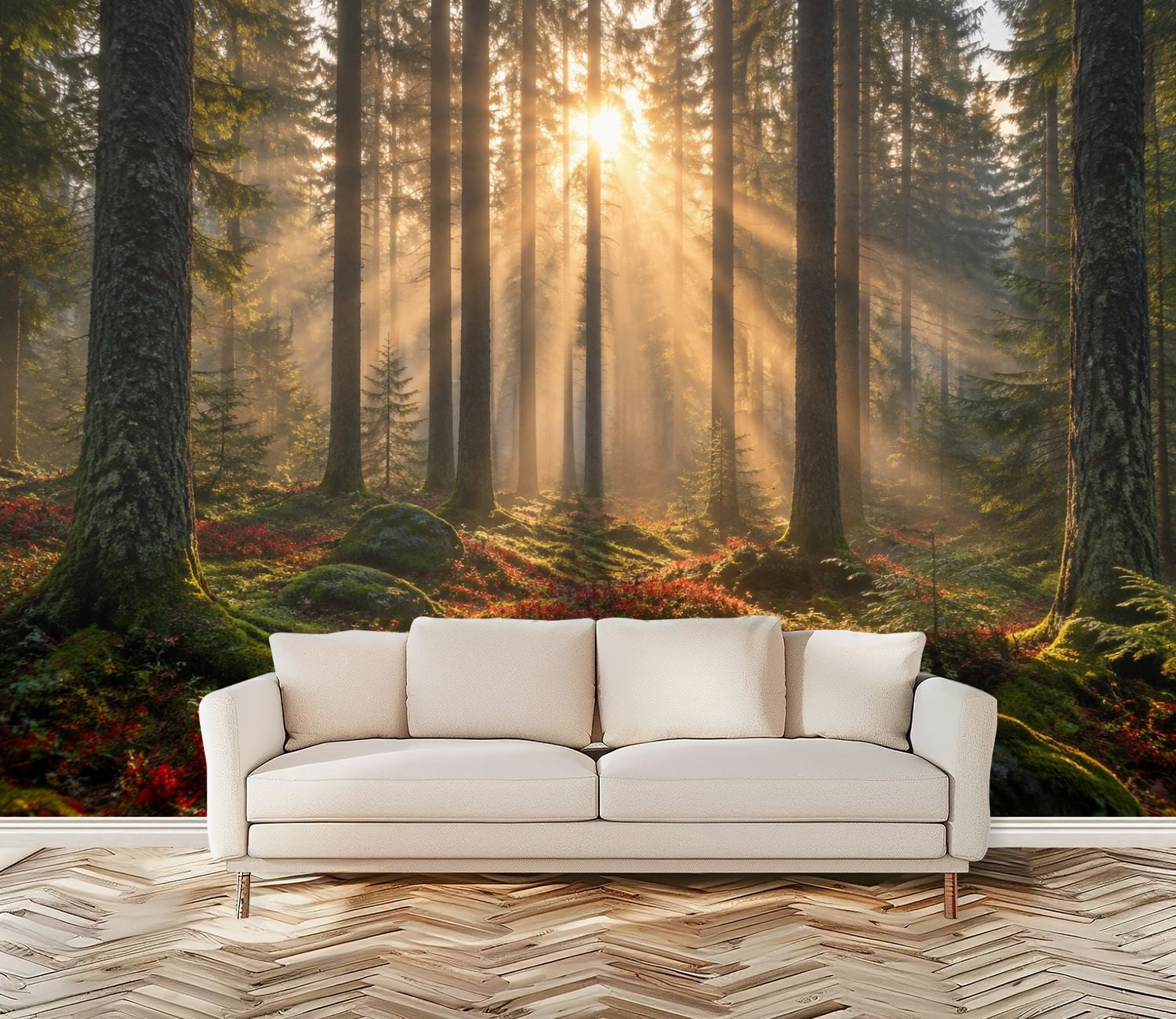 Sticky Rocks Art Peel and Stick Wall Mural Sunlit Evergreen Forest Golden Rays Mossy ...