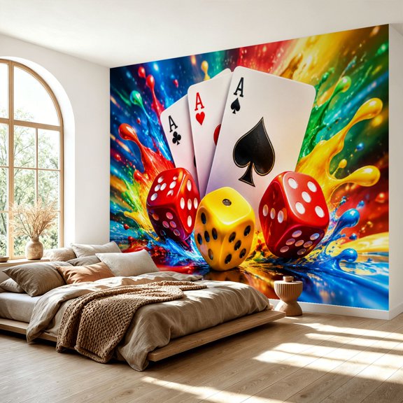 Peel and Stick Wall Mural Vibrant Casino Gambling Playing Cards Colorful Dice Splash Self-Adhesive Vinyl Wallpaper Removable Accent Wall Decor for Bedroom Living Room 69" x 96"