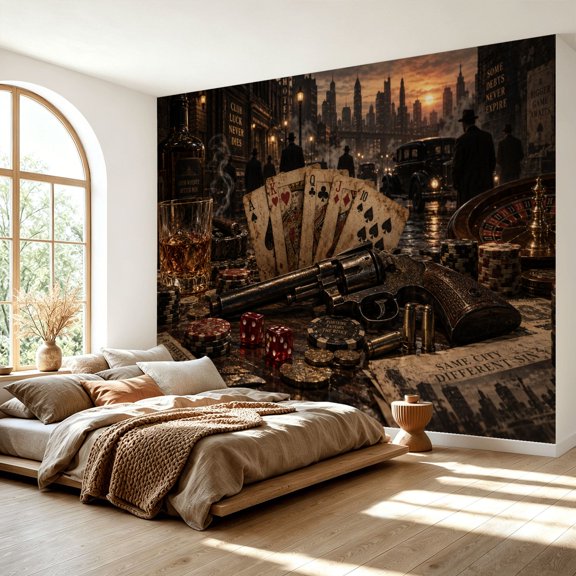 Peel and Stick Wall Mural Vintage Casino Gambling Revolver Playing Cards Whiskey Glass Self-Adhesive Vinyl Wallpaper Removable Accent Wall Decor for Bedroom Living Room 69" x 96"
