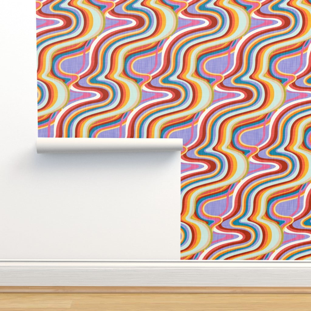Peel & Stick Wallpaper 12ft x 2ft - 70S Lilac Yellow Orange Psychedelic
