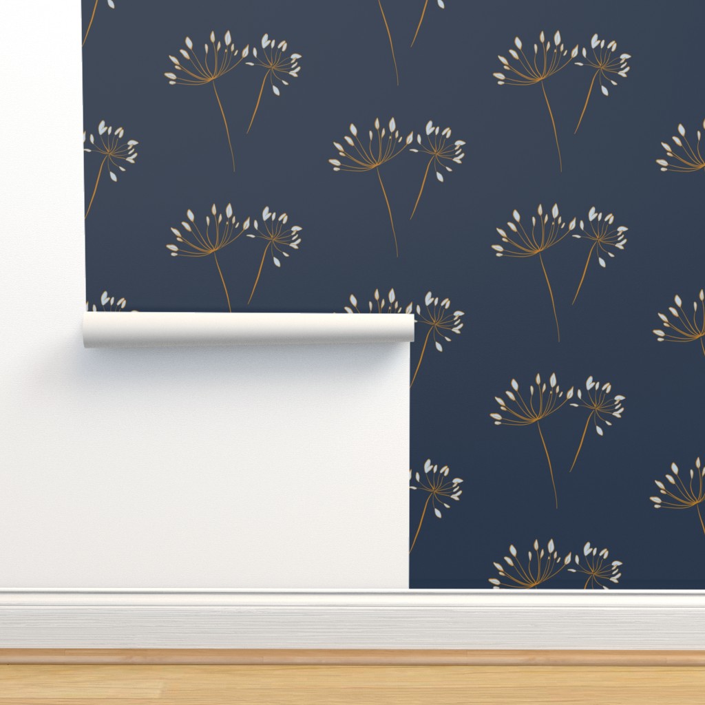 Peel & Stick Wallpaper 12ft x 2ft Meadow Rustic Boho Navy Herbs