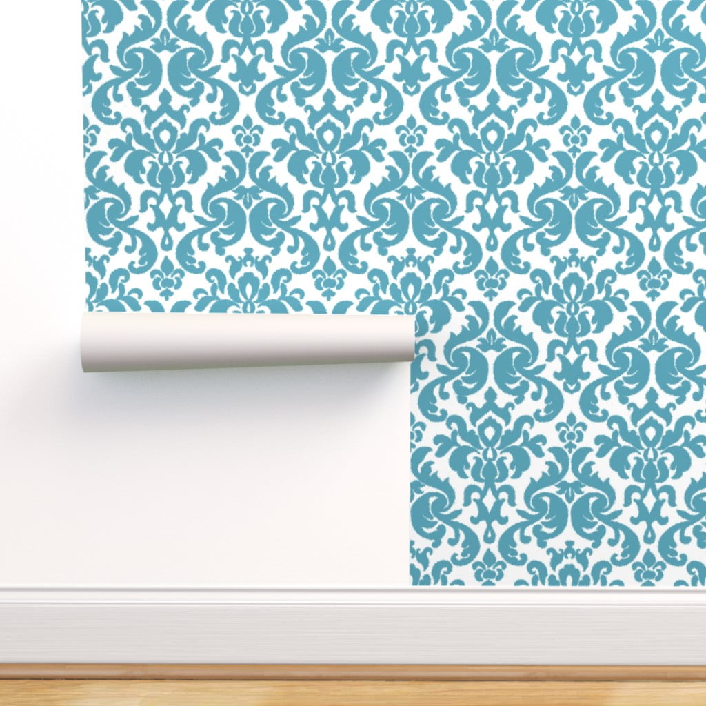 Peel & Stick Wallpaper 12ft x 2ft - Teal Damask Modern Classic