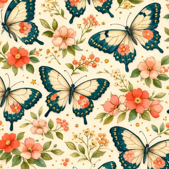 Peel and Stick Wallpaper 17.7in x 9.8ft Butterfly Floral Vintage Watercolor Style Coral Flowers Teal Contact Paper Vinyl Waterproof Self Adhesive Wall Paper for Bedroom Shelf Cabinet