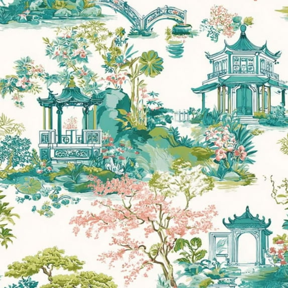 Peel and Stick Wallpaper 17.7in x 9.8ft Chinese Garden Landscape Pagodas Bridges Floral Motifs Contact Paper Vinyl Self-Adhesive Removable Wall Paper for Bedroom Kitchen Cabinet Renter Friendly