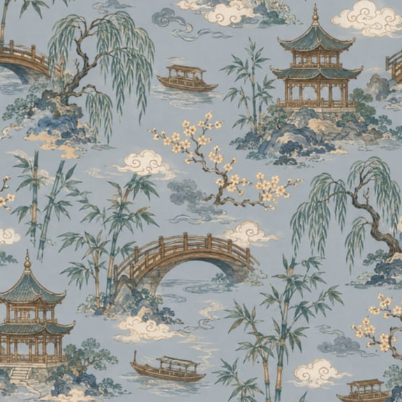 Peel and Stick Wallpaper 17.7in x 9.8ft Chinese Inspired Landscape Pagoda Bridge Boat Cloudy Contact Paper Vinyl Waterproof Self Adhesive Wall Paper for Bedroom Shelf Cabinet Renter Friendly