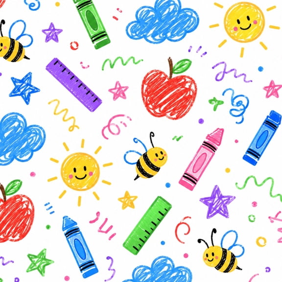 Peel and Stick Wallpaper 17.7in x 9.8ft Colorful Crayon Doodle Apples Bees Clouds Contact Paper Vinyl Waterproof Self Adhesive Wall Paper for Classroom Shelf Cabinet Renter Friendly