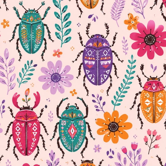 Peel and Stick Wallpaper 17.7in x 9.8ft Colorful Scarab Beetles Floral Boho Folk Art Style Contact Paper Vinyl Waterproof Self Adhesive Wall Paper for Bedroom Shelf Cabinet Renter Friendly