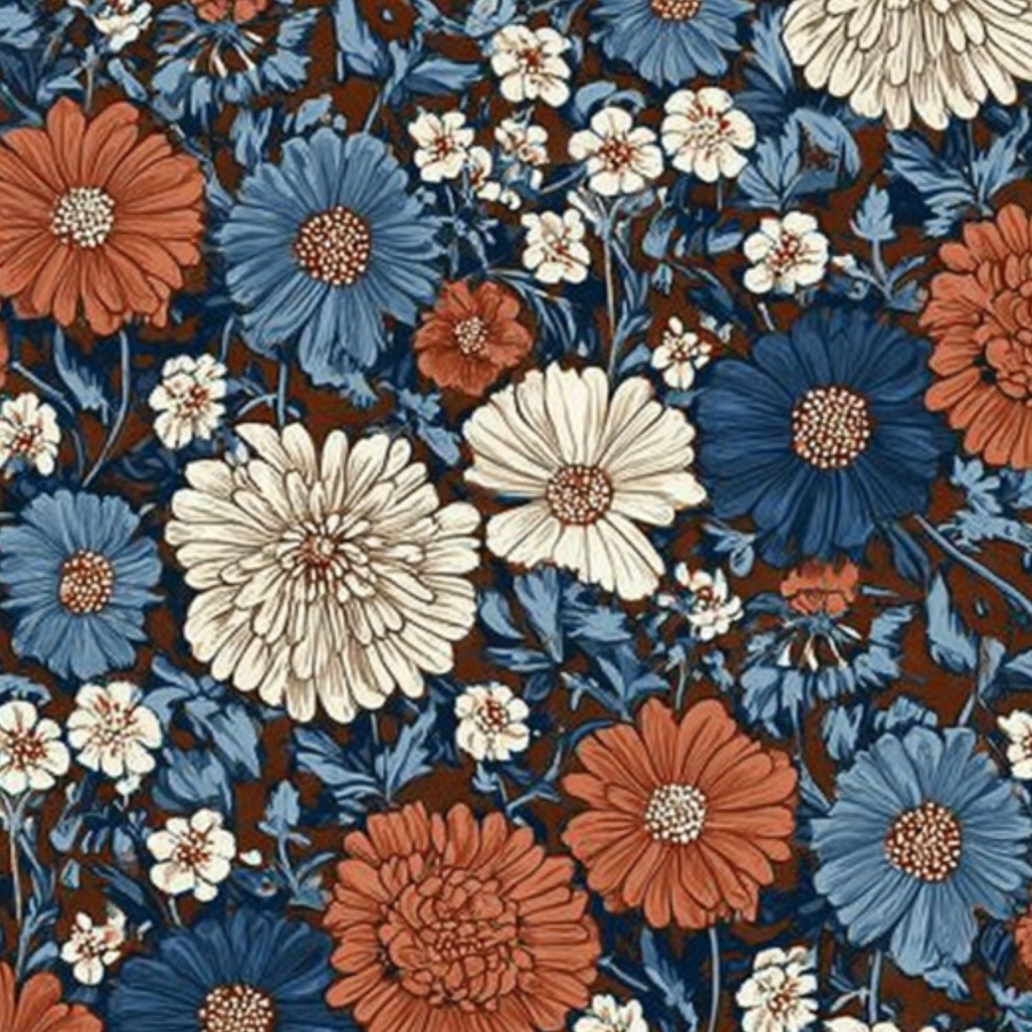 Peel and Stick Wallpaper 17.7in x 9.8ft Dark Brown Blue Vintage Floral White Accents Contact Paper Vinyl Self-Adhesive Removable Wall Paper for Bedroom Nursery Bathroom Renter Friendly