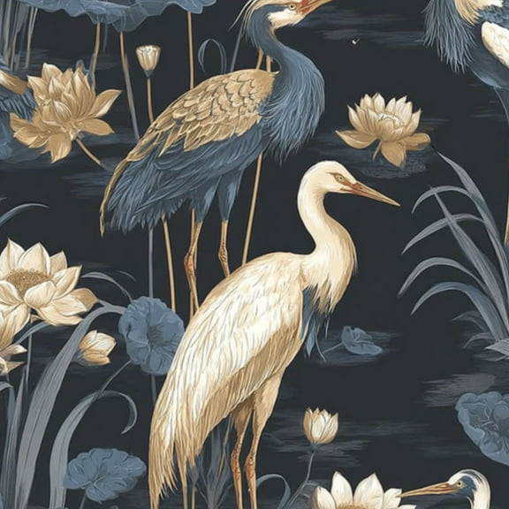 Peel and Stick Wallpaper 17.7in x 9.8ft Elegant Crane Birds Lotus Flowers Soft Gold Blue Floral Contact Paper Vinyl Self-Adhesive Removable Wall Paper for Bedroom Kitchen Cabinet Renter Friendly