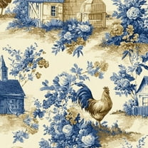Peel and Stick Wallpaper 17.7in x 9.8ft Farmhouse Toile Roosters Cottages Blue Floral Motifs Contact Paper Vinyl Self-Adhesive Removable Wall Paper for Bedroom Kitchen Cabinet Renter Friendly