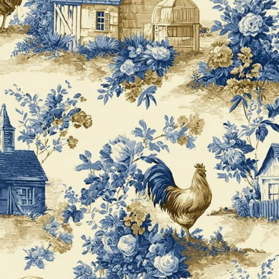 Peel and Stick Wallpaper 17.7in x 9.8ft Farmhouse Toile Roosters Cottages Blue Floral Motifs Contact Paper Vinyl Self-Adhesive Removable Wall Paper for Bedroom Kitchen Cabinet Renter Friendly