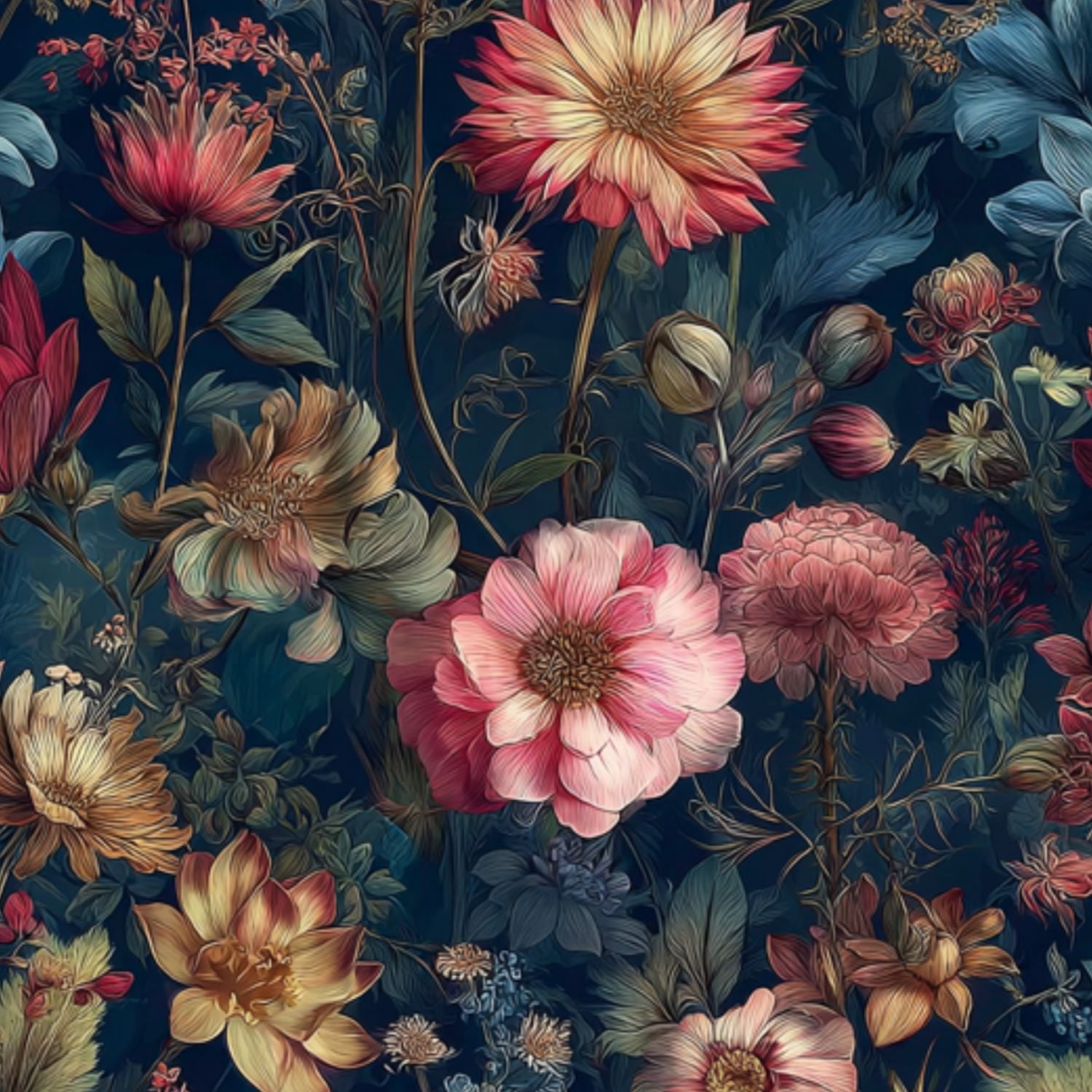Peel and Stick Wallpaper 17.7in x 9.8ft Floral Botanical Vibrant Pink Red Yellow Blooms Dark Blue Contact Paper Vinyl Self-Adhesive Removable Wall Paper for Bedroom DIY Home Decor Renter Friendly