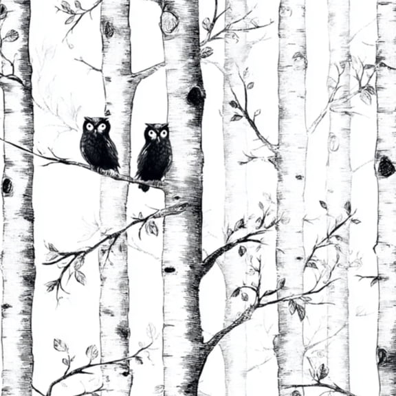 Peel and Stick Wallpaper 17.7in x 9.8ft Owls Birch Trees Black White Sketch Style Contact Paper Vinyl Self-Adhesive Removable Wall Paper for Bedroom DIY Home Decor Renter Friendly