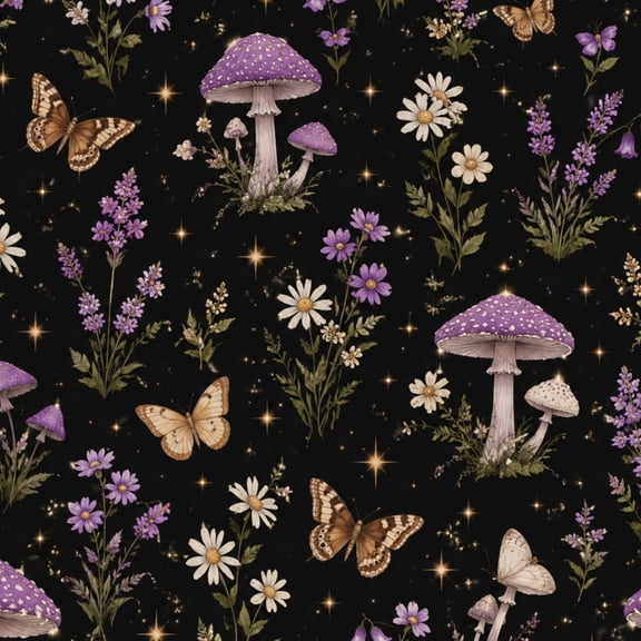 Peel and Stick Wallpaper 17.7in x 9.8ft Purple Mushrooms Wildflowers Butterflies Celestial Botanical Black Contact Paper Vinyl Waterproof Self Adhesive Wall Paper for Bedroom Shelf Renter Friendly
