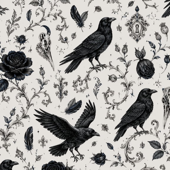 Peel and Stick Wallpaper 17.7in x 9.8ft Raven Gothic Floral Skull Motifs Monochrome Contact Paper Vinyl Waterproof Self Adhesive Wall Paper for Bedroom Shelf Cabinet Renter Friendly