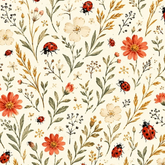 Peel and Stick Wallpaper 17.7in x 9.8ft Red Ladybugs Wildflowers Floral Cream Contact Paper Vinyl Waterproof Self Adhesive Wall Paper for Bedroom Shelf Cabinet Renter Friendly
