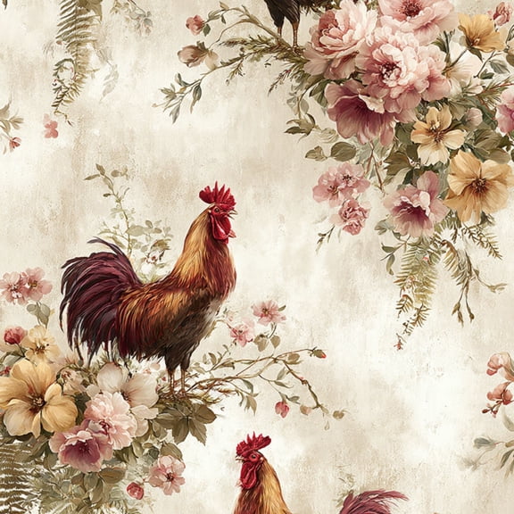 Peel and Stick Wallpaper 17.7in x 9.8ft Rustic Country Inspired Roosters Flowers Vines Farmhouse Contact Paper Vinyl Waterproof Self Adhesive Wall Paper for Bedroom Shelf Cabinet Renter Friendly