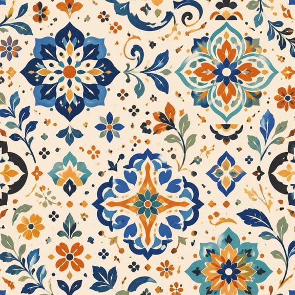 Peel and Stick Wallpaper 17.7in x 9.8ft Seamless Floral Geometric Moroccan Tile Blue Orange Accents Contact Paper Mexican Style Self Adhesive Wall Paper for Bedroom Living Room