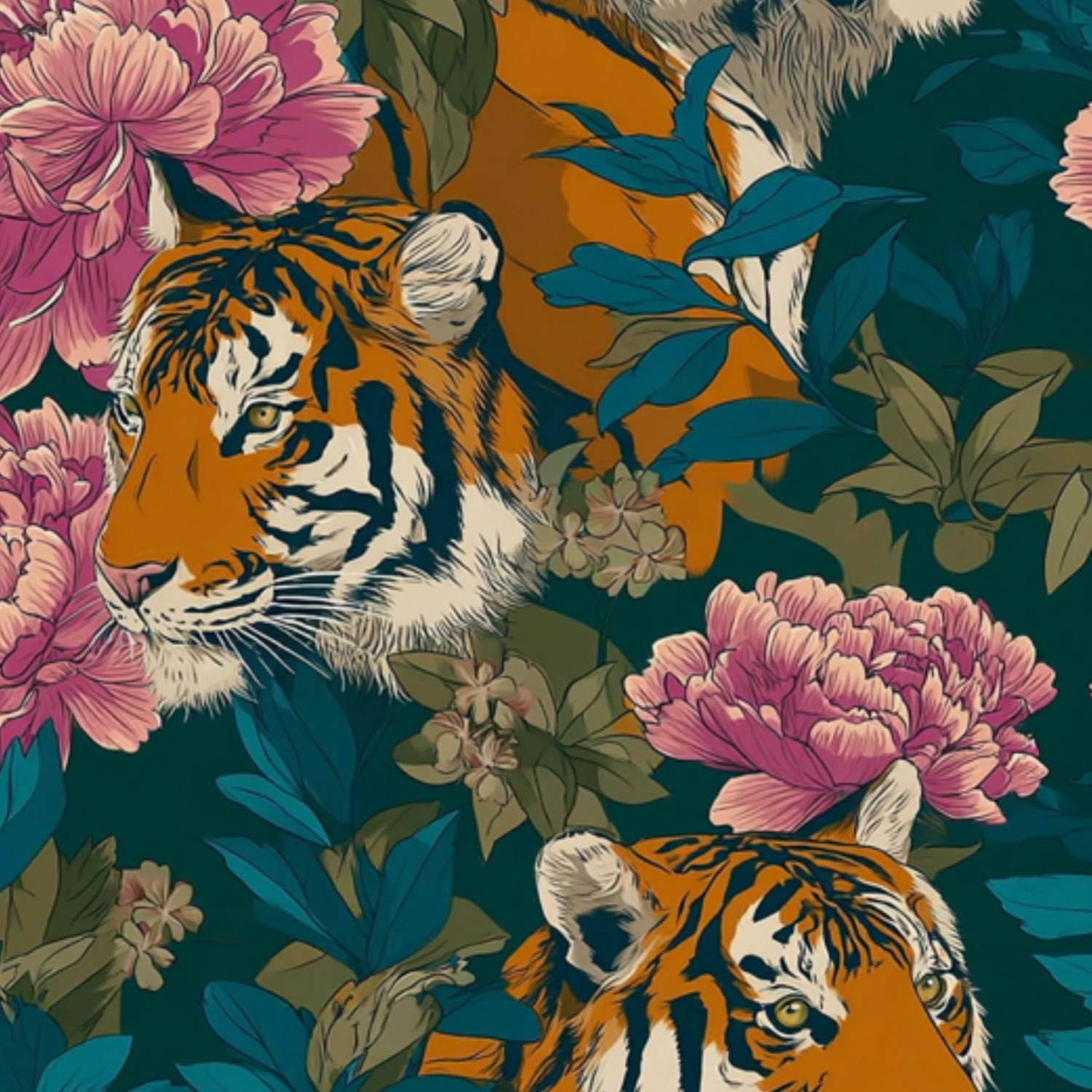 Peel and Stick Wallpaper 17.7in x 9.8ft Tiger Peony Floral Jungle Dark Teal Contact Paper Vinyl Self-Adhesive Removable Wall Paper for Bedroom DIY Home Decor Renter Friendly