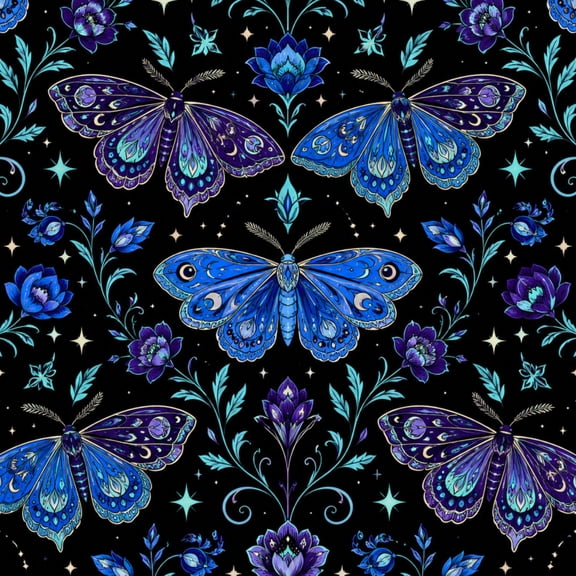 Peel and Stick Wallpaper 17.7in x 9.8ft Vibrant Blue Purple Moths Floral Motifs Black Contact Paper Vinyl Waterproof Self Adhesive Wall Paper for Bedroom Shelf Cabinet Renter Friendly