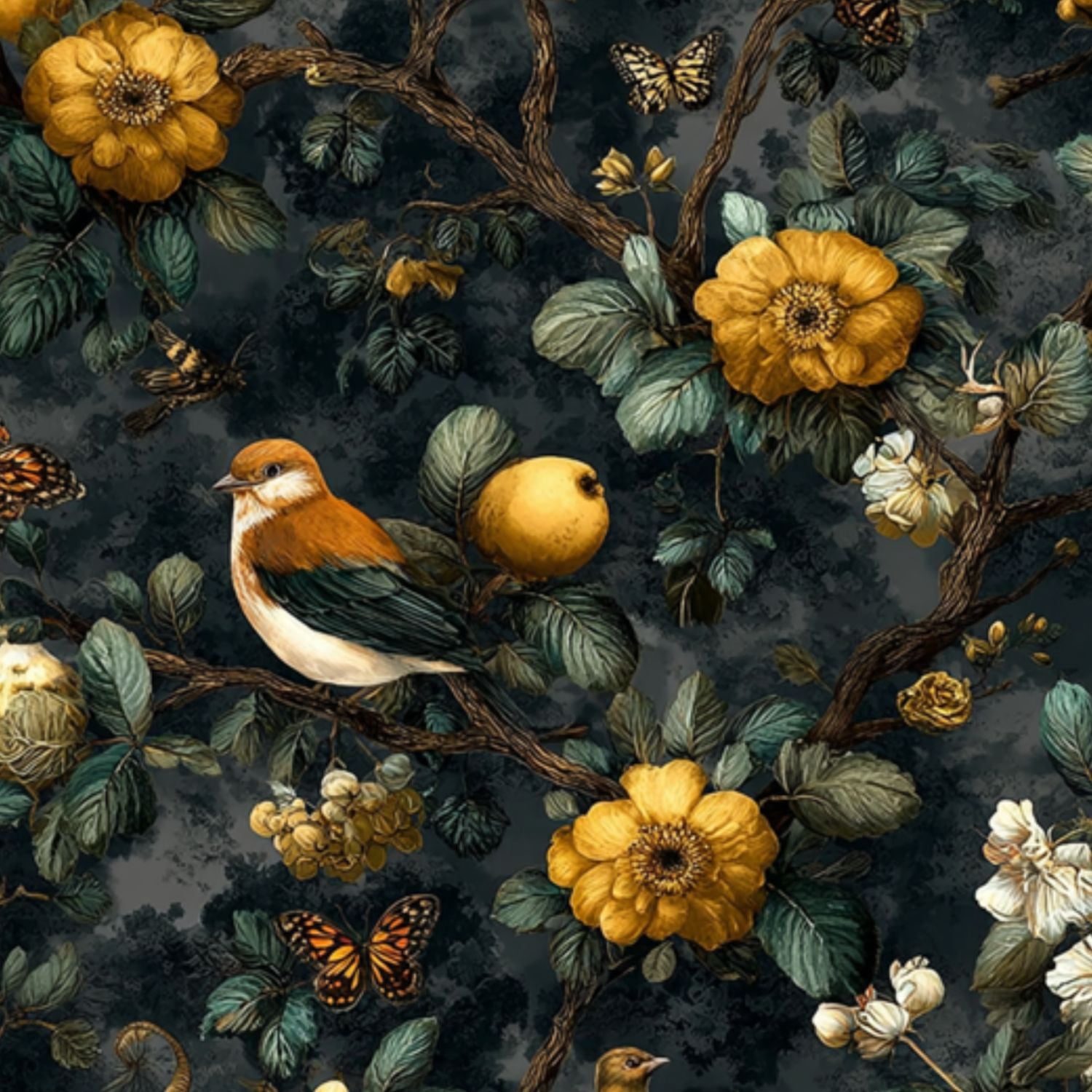 Peel and Stick Wallpaper 17.7in x 9.8ft Vintage Botanical Birds Butterflies Golden Flowers Dark Contact Paper Vinyl Self-Adhesive Removable Wall Paper for Bedroom DIY Home Decor Renter Friendly