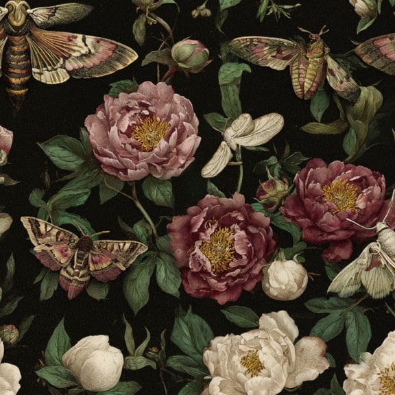Peel and Stick Wallpaper 17.7in x 9.8ft Vintage Botanical Moth Peonies Roses Charcoal Contact Paper Vinyl Waterproof Self Adhesive Wall Paper for Bedroom Shelf Cabinet Renter Friendly