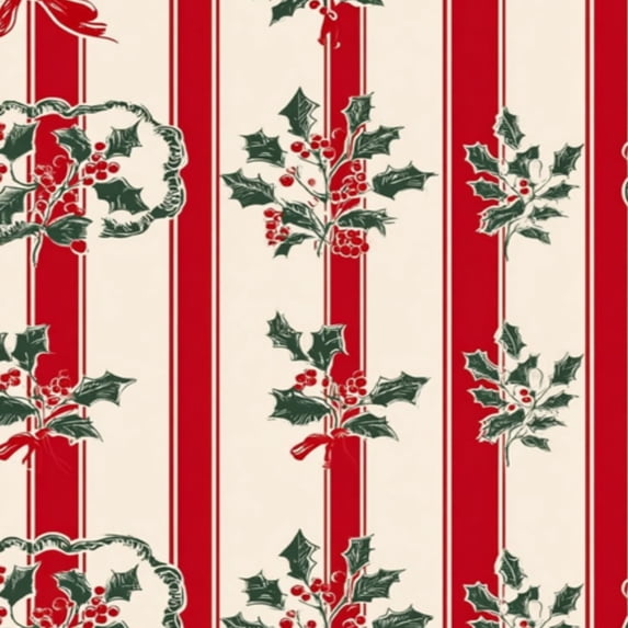 Peel and Stick Wallpaper 17.7in x 9.8ft Vintage Christmas Holly Berries Red Cream Stripes Contact Paper Vinyl Self-Adhesive Removable Wall Paper for Bedroom DIY Home Decor Renter Friendly