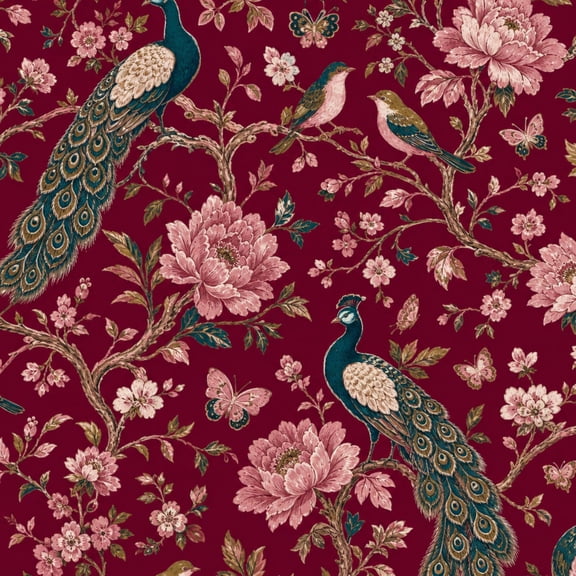Peel and Stick Wallpaper 17.7in x 9.8ft Vintage Floral Peacocks Birds Butterflies Burgundy wildlife Contact Paper Vinyl Waterproof Self Adhesive Wall Paper for Bedroom Shelf Cabinet Renter Friendly