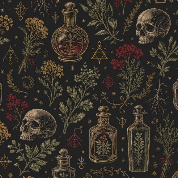 Peel and Stick Wallpaper 17.7in x 9.8ft Vintage Potion Bottles Skulls Botanical Motifs Dark Contact Paper Vinyl Waterproof Self Adhesive Wall Paper for Bedroom Shelf Cabinet Renter Friendly