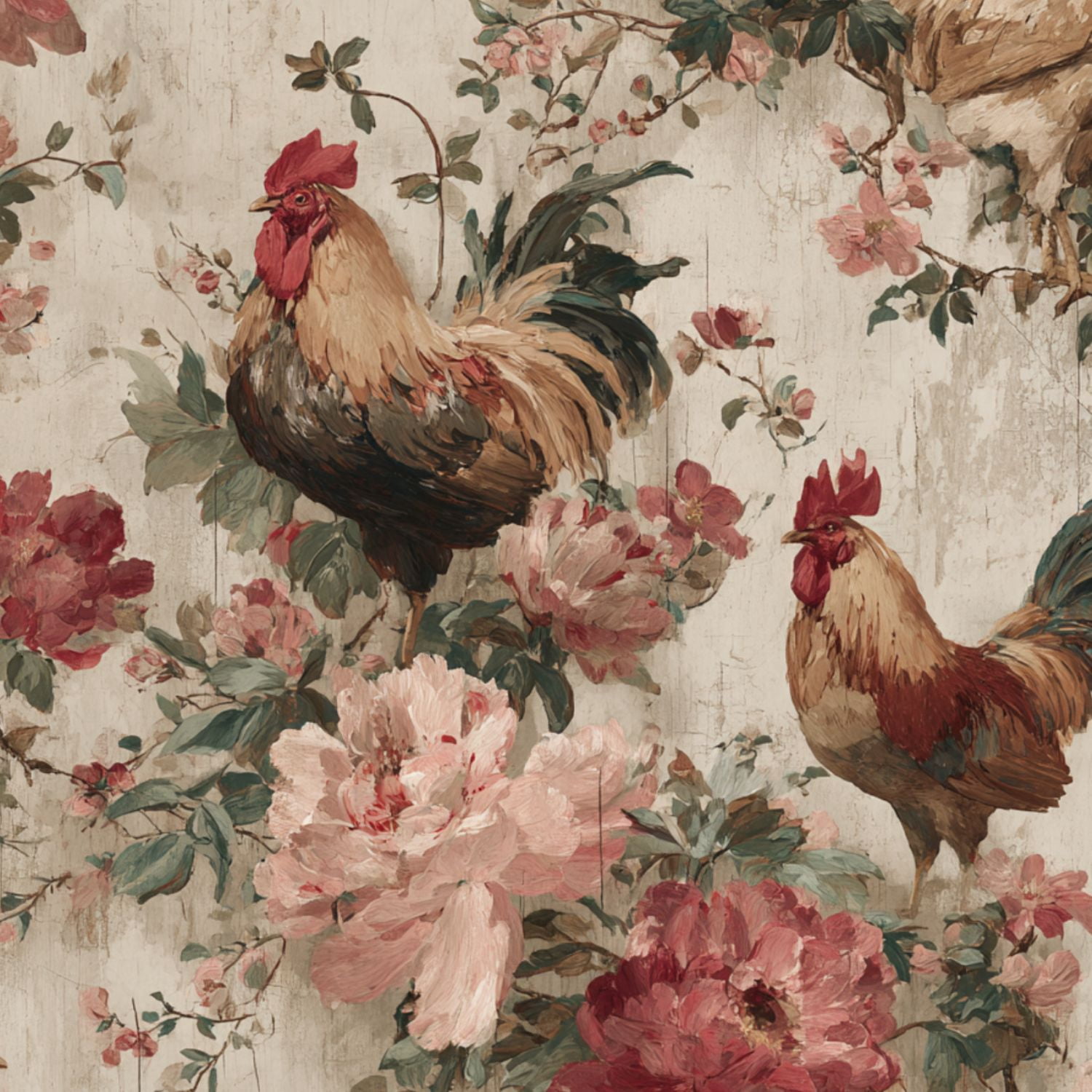 Peel and Stick Wallpaper 17.7in x 9.8ft Vintage Rooster Floral Soft Rustic Country Farmhouse Contact Paper Vinyl Waterproof Self Adhesive Wall Paper for Bedroom Shelf Cabinet Renter Friendly