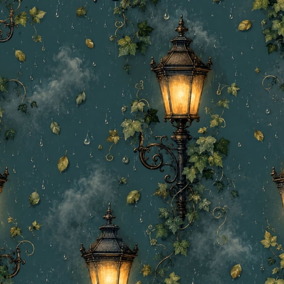Peel and Stick Wallpaper 17.7in x 9.8ft Vintage Street Lamps Ivy Rain Dark Teal Contact Paper Vinyl Waterproof Self Adhesive Wall Paper for Bedroom Shelf Cabinet Renter Friendly