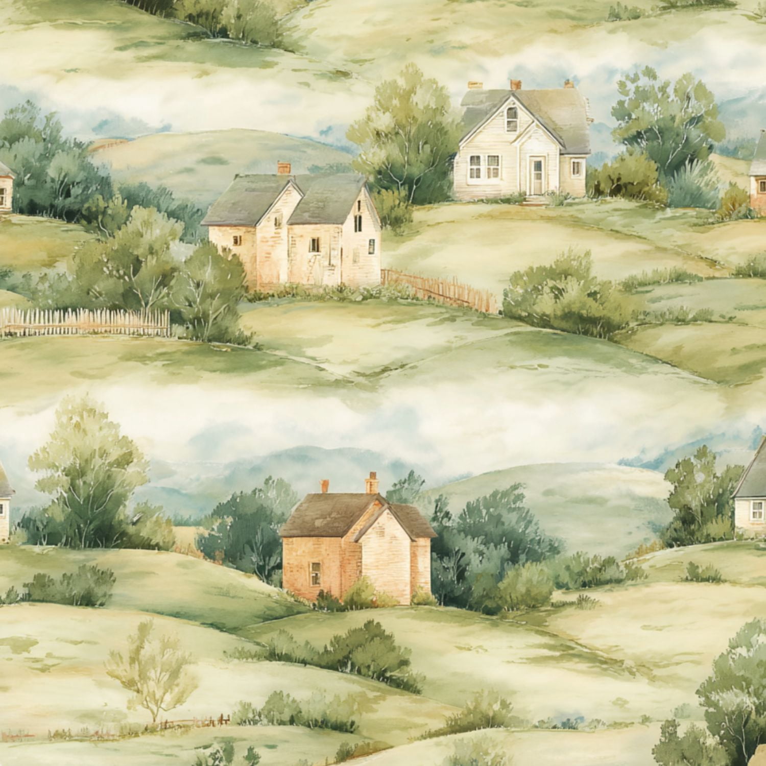 Peel and Stick Wallpaper 17.7in x 9.8ft Watercolor Landscape Rolling Hills Rural Houses Soft Foggy Contact Paper Vinyl Waterproof Self Adhesive Wall Paper for Bedroom Shelf Cabinet Renter Friendly