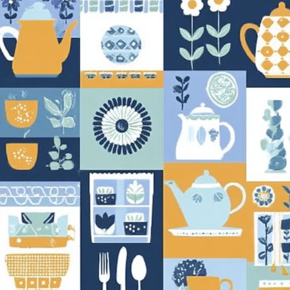 Peel and Stick Wallpaper 17.7in x 9.8ft Whimsical Tea Time Teapots Cups Floral Elements Blue Orange Contact Paper Vinyl Self-Adhesive Removable Wall Paper for Bedroom Kitchen Decor Renter Friendly