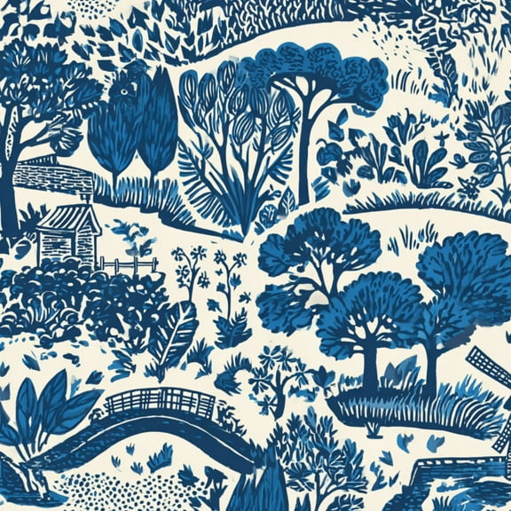 Peel and Stick Wallpaper 23.6in x 9.8ft Blue White Vintage Landscape Trees Bridge Windmill Contact Paper Vinyl Waterproof Self Adhesive Wall Paper for Bedroom Shelf Cabinet Renter Friendly