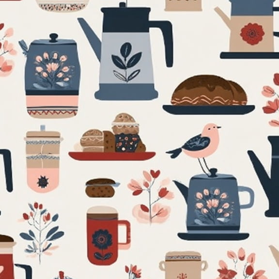 Peel and Stick Wallpaper 23.6in x 9.8ft Boho Chic Coffee Tea Pots Floral Patterns Bird Contact Paper Vinyl Self-Adhesive Removable Wall Paper for Bedroom Kitchen Decor Renter Friendly