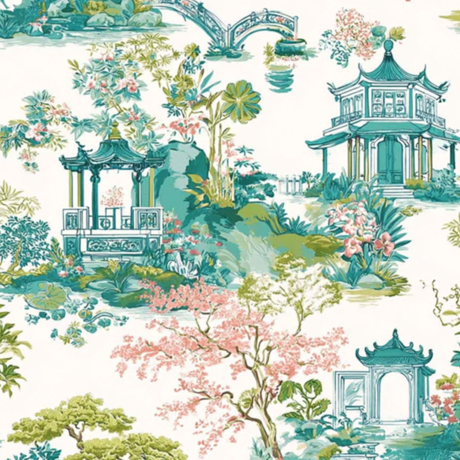 Peel and Stick Wallpaper 23.6in x 9.8ft Chinese Garden Landscape Pagodas Bridges Floral Motifs Contact Paper Vinyl Self-Adhesive Removable Wall Paper for Bedroom Kitchen Cabinet Renter Friendly