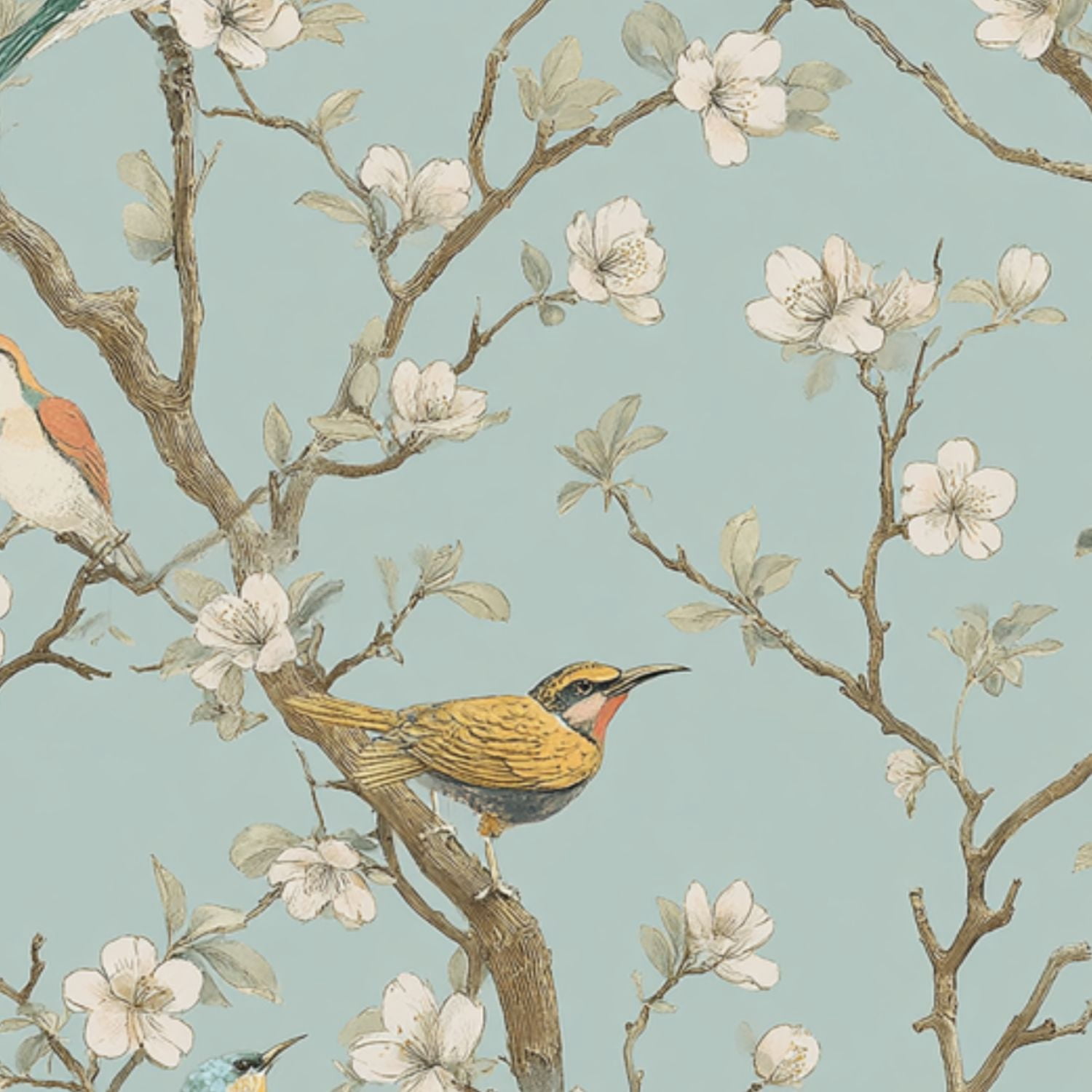 Peel and Stick Wallpaper 23.6in x 9.8ft Chinoiserie Style Birds Blossoms Light Blue Seamless Contact Paper Vinyl Self-Adhesive Removable Wall Paper for Bedroom DIY Home Decor Renter Friendly