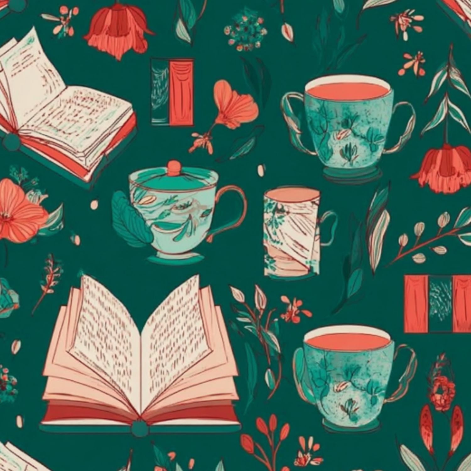 Peel and Stick Wallpaper 23.6in x 9.8ft Cozy Teal Green Books Teacups Floral Contact Paper Vinyl Self-Adhesive Removable Wall Paper for Bedroom DIY Home Decor Renter Friendly