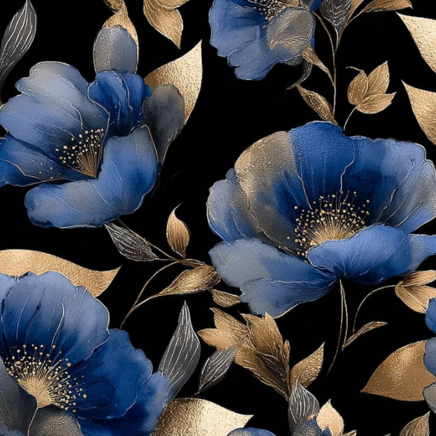 Peel and Stick Wallpaper 23.6in x 9.8ft Elegant Blue Gold Floral Black Contact Paper Vinyl Self-Adhesive Removable Wall Paper for Bedroom DIY Home Decor Renter Friendly