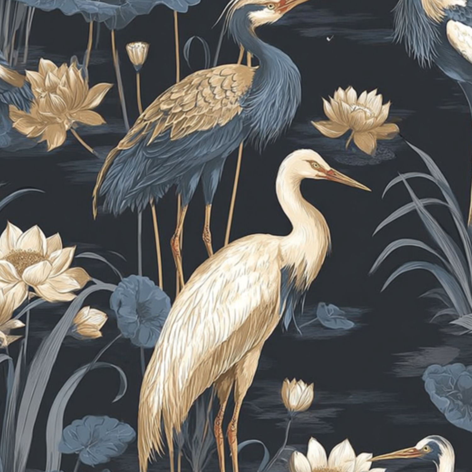 Peel and Stick Wallpaper 23.6in x 9.8ft Elegant Crane Birds Lotus Flowers Soft Gold Blue Floral Contact Paper Vinyl Self-Adhesive Removable Wall Paper for Bedroom Kitchen Cabinet Renter Friendly