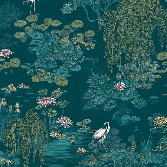 Peel and Stick Wallpaper 23.6in x 9.8ft Elegant Crane Lotus Pond Weeping Willow Teal Tones Contact Paper Vinyl Waterproof Self Adhesive Wall Paper for Bedroom Shelf Cabinet Renter Friendly