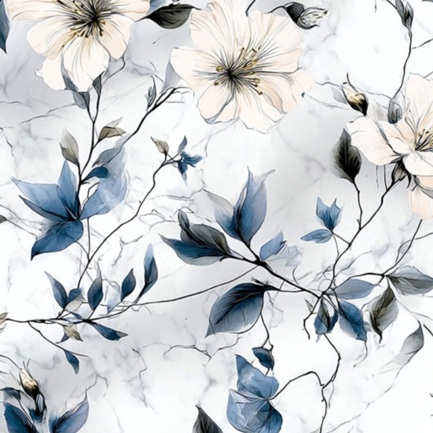 Peel and Stick Wallpaper 23.6in x 9.8ft Elegant Floral Blue Leaves White Flowers Marble Contact Paper Vinyl Self-Adhesive Removable Wall Paper for Bedroom Kitchen Cabinet Décor Renter Friendly