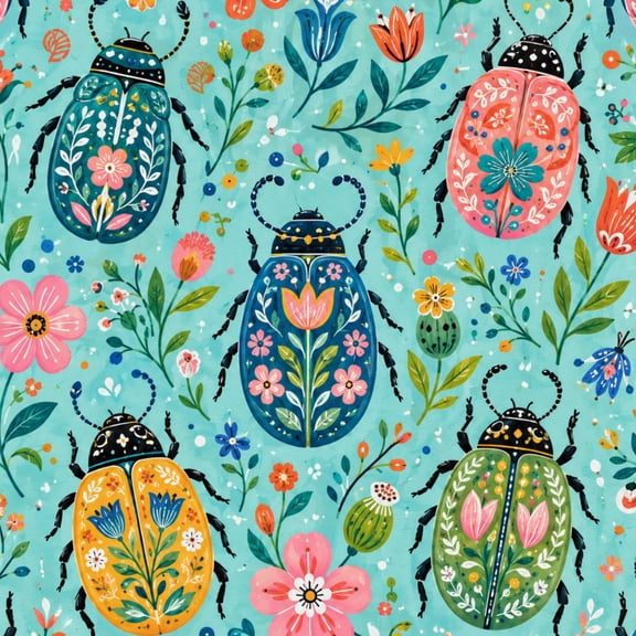 Peel and Stick Wallpaper 23.6in x 9.8ft Floral Beetle Colorful Folk Art Insects Turquoise Contact Paper Vinyl Waterproof Self Adhesive Wall Paper for Bedroom Shelf Cabinet Renter Friendly