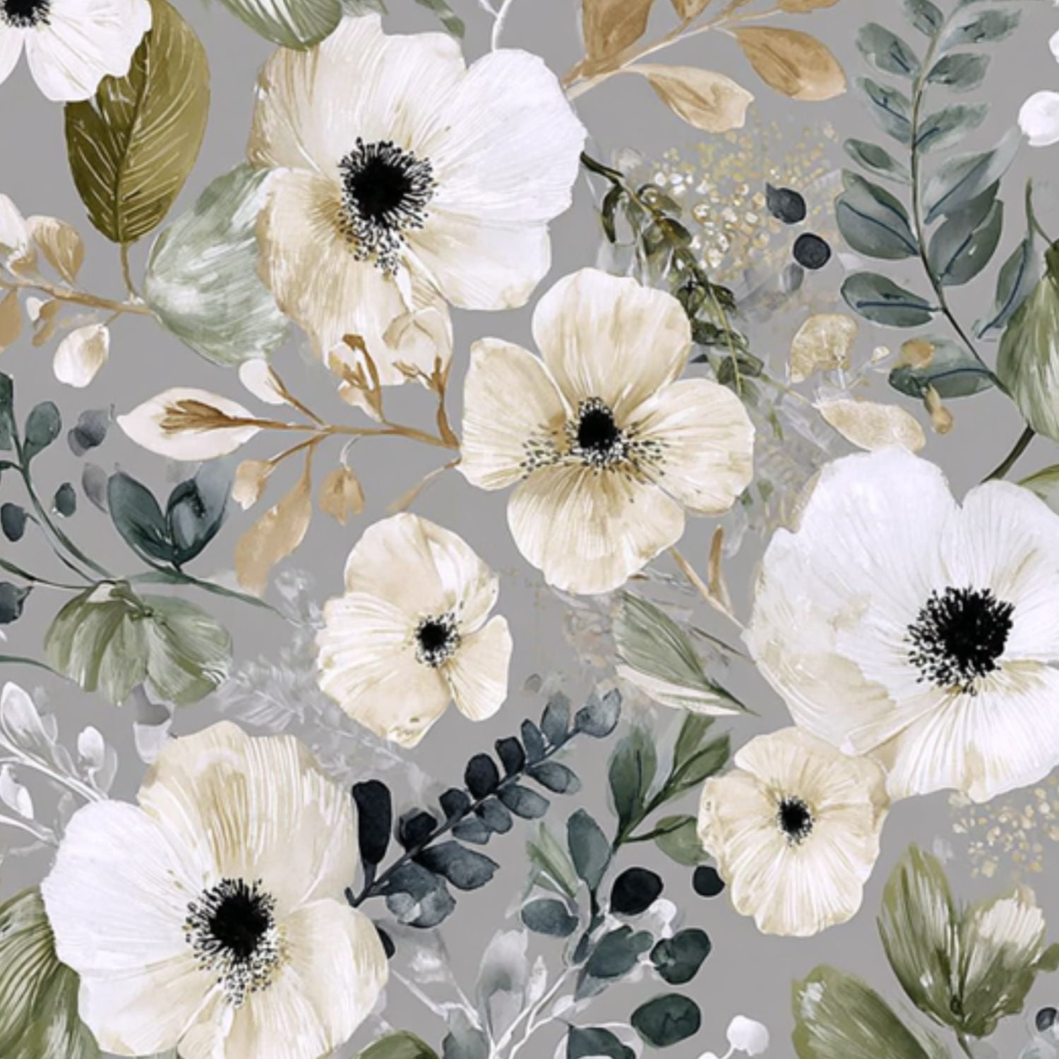 Peel and Stick Wallpaper 23.6in x 9.8ft Floral White Anemones Greenery Soft Gold Accents Grey Contact Paper Vinyl Self-Adhesive Removable Wall Paper for Bedroom Kitchen Cabinet Renter Friendly
