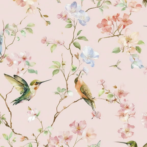 Peel and Stick Wallpaper 23.6in x 9.8ft Graceful Hummingbirds Cherry Blossoms Pink Elegant Floral Contact Paper Vinyl Self-Adhesive Removable Wall Paper for Bedroom DIY Home Decor Renter Friendly