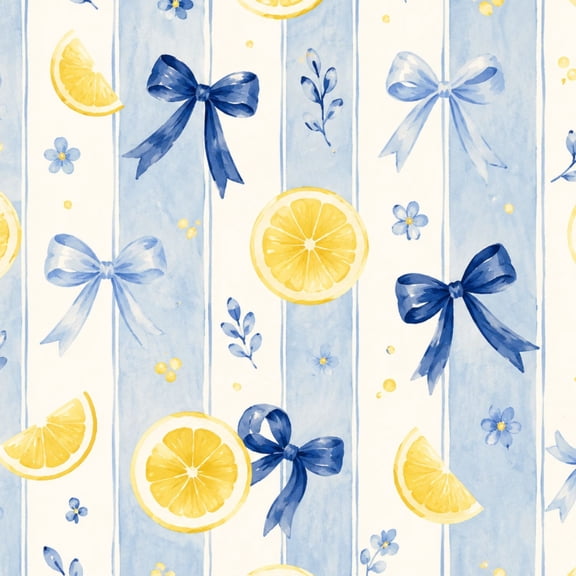 Peel and Stick Wallpaper 23.6in x 9.8ft Lemon Blue Ribbon Floral Accents Striped Contact Paper Vinyl Waterproof Self Adhesive Wall Paper for Bedroom Shelf Cabinet Renter Friendly